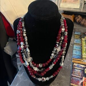 White House Black Market Red and Silver Multi-Strand Necklace